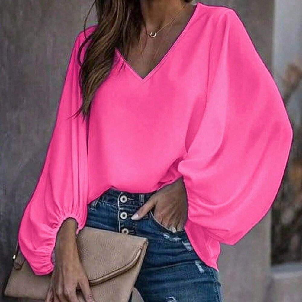 Hot Pink Casual Women's Plus Size V-Neck Long Sleeve Blouse